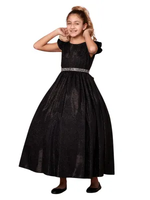 Little Girls Black Metallic Flutter Sleeve Flower Girl Dress 2-6