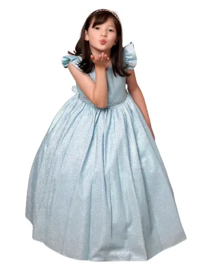 Little Girls Light Blue Metallic Flutter Sleeve Flower Girl Dress 2-6