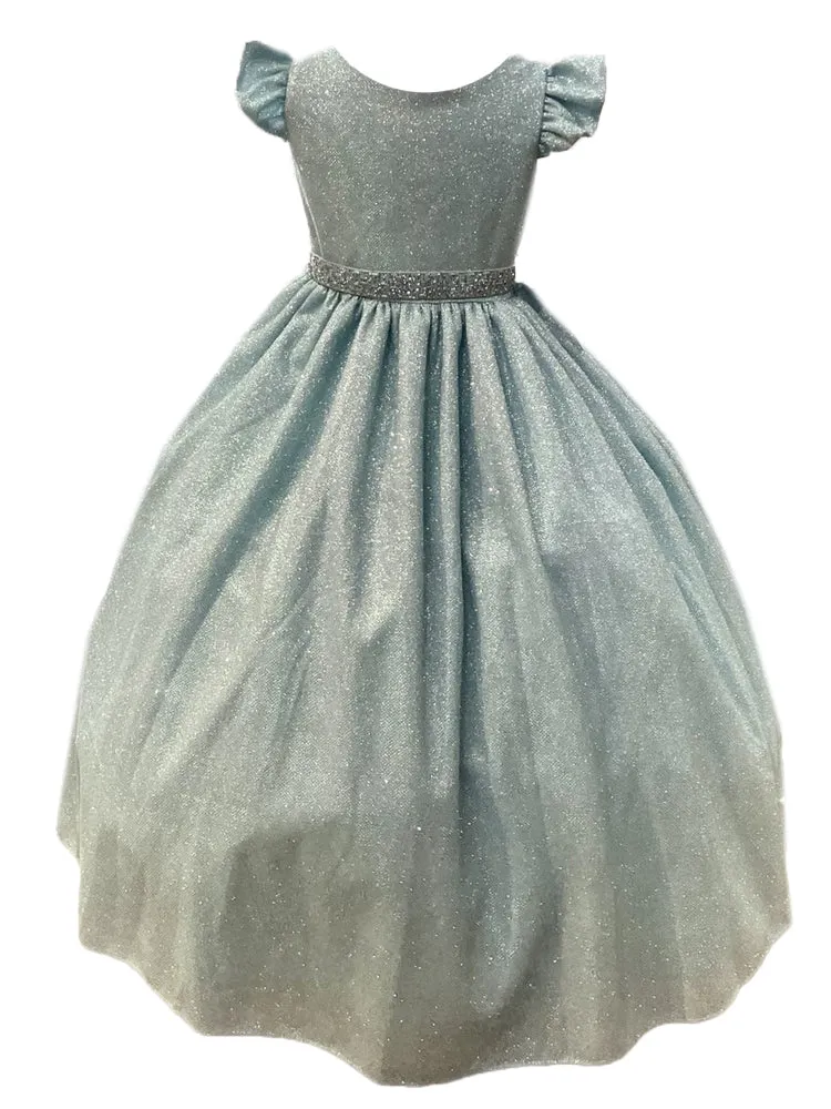 Little Girls Light Blue Metallic Flutter Sleeve Flower Girl Dress 2-6