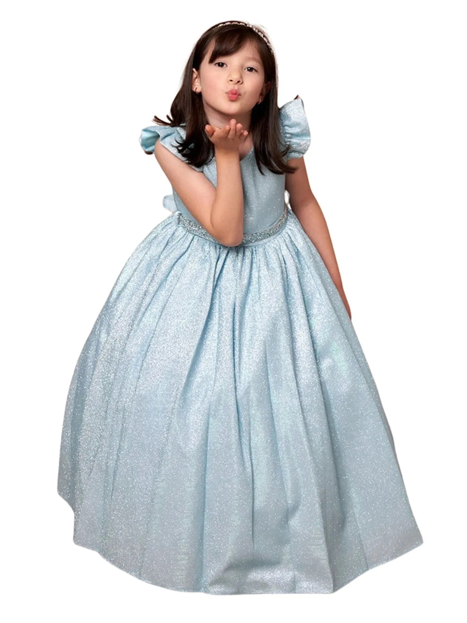 Little Girls Light Blue Metallic Flutter Sleeve Flower Girl Dress 2-6