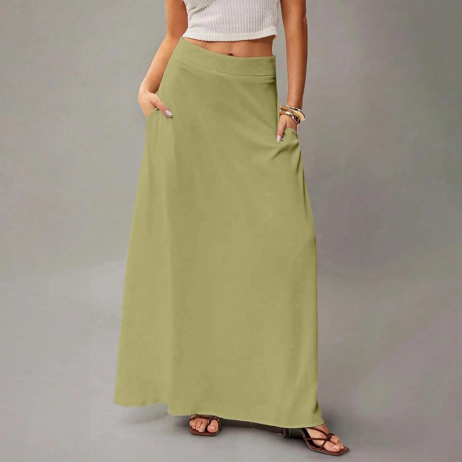 Long Skirts for Women 2025 Summer Vacation High Waisted A Line Skirt Elegant Work Office Flowy Maxi Skirt with Pockets
