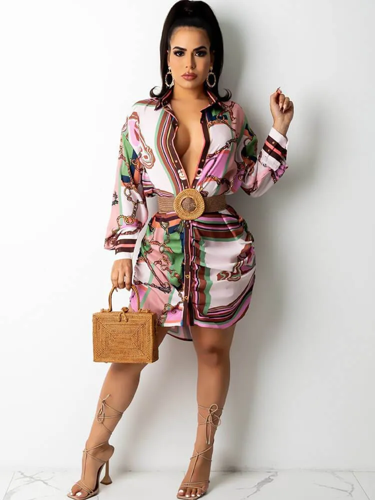 Long Sleeve Floral Print Shirt Dresses