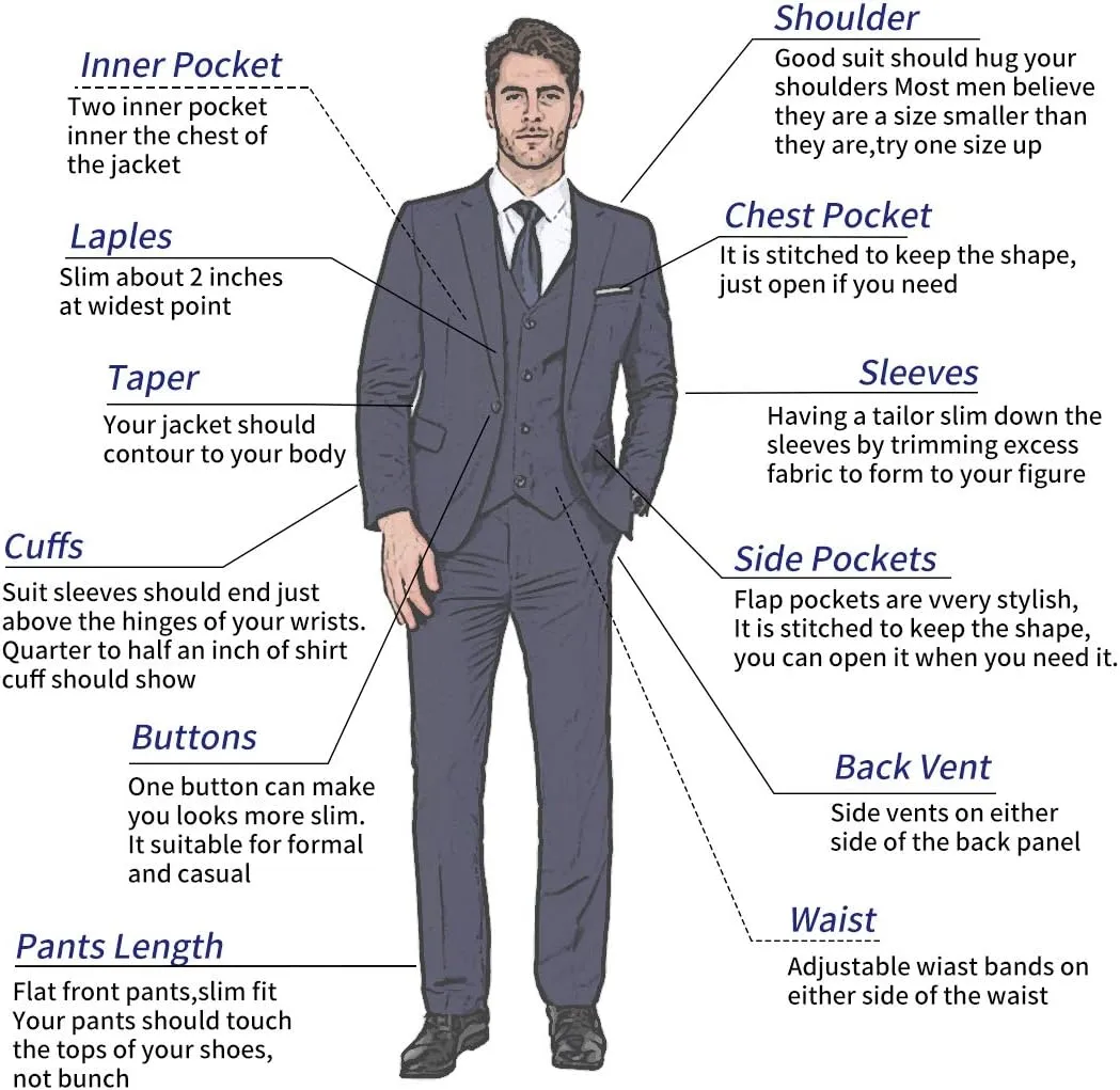 MAGE MALE Men's 3 Pieces Suit Elegant Solid One Button Slim Fit Single Breasted Party Blazer Vest Pants Set