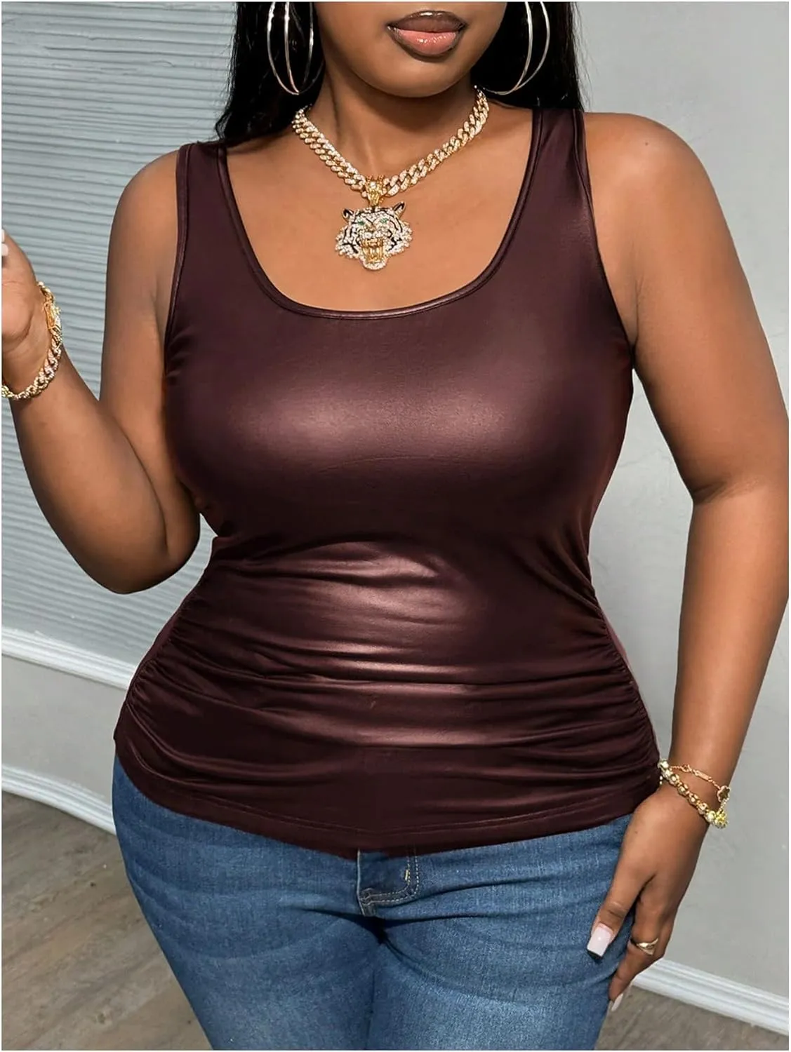 MakeMeChic Women's Plus Size PU Leather Tank Top Square Neck Ruched Sleeveless Y2K Vest