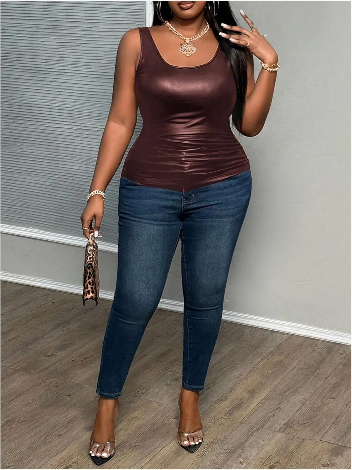 MakeMeChic Women's Plus Size PU Leather Tank Top Square Neck Ruched Sleeveless Y2K Vest