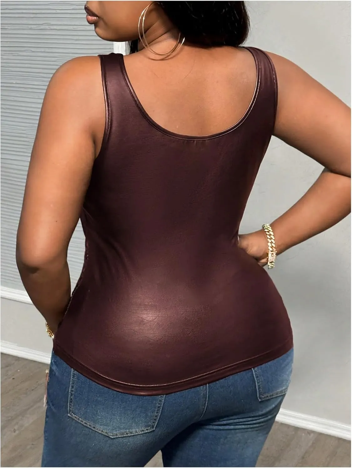 MakeMeChic Women's Plus Size PU Leather Tank Top Square Neck Ruched Sleeveless Y2K Vest