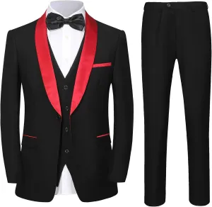 Men 3 Piece Slim Fit Suit Set One Button Solid Jacket Vest Pants Black Red XXL