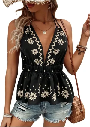 Milumia Women's Floral Print Halter Top Ruffle Hem Tie Backless Boho Summer Cami Vest