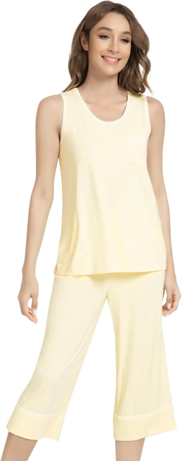 NACHILA Pajamas Set for Women-Viscose Made from Bamboo, Tank Top with Capri Pants Pajama Cool Sleepwear Sleeveless Pjs