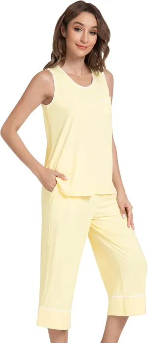 NACHILA Pajamas Set for Women-Viscose Made from Bamboo, Tank Top with Capri Pants Pajama Cool Sleepwear Sleeveless Pjs