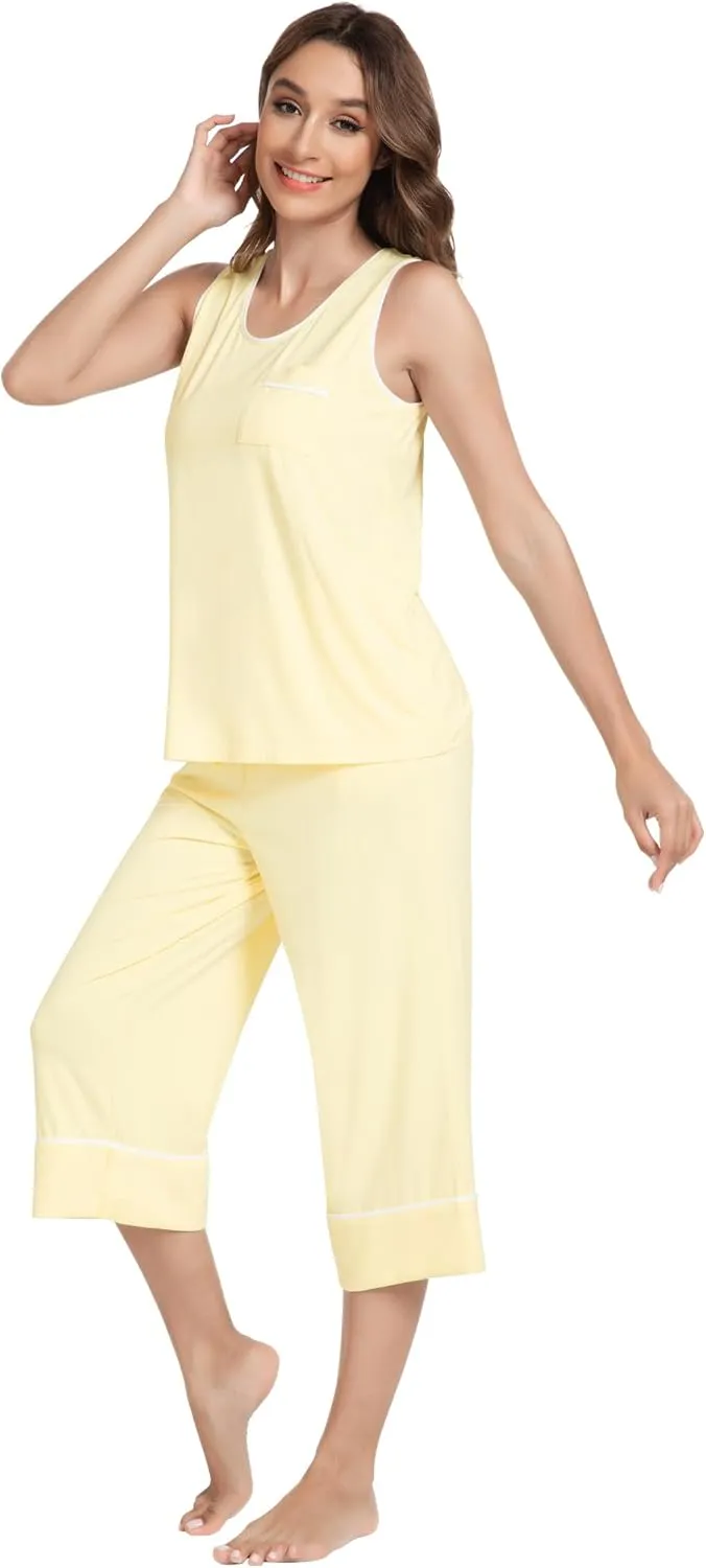NACHILA Pajamas Set for Women-Viscose Made from Bamboo, Tank Top with Capri Pants Pajama Cool Sleepwear Sleeveless Pjs
