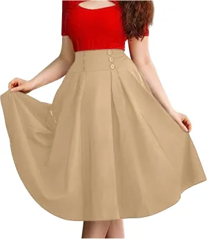 NATHGAM Womens Plaid Skirt Retro High Waist Pleated Skirt with Pockets Button Decoration Plus Size Skirt Victorian Midi Skirt