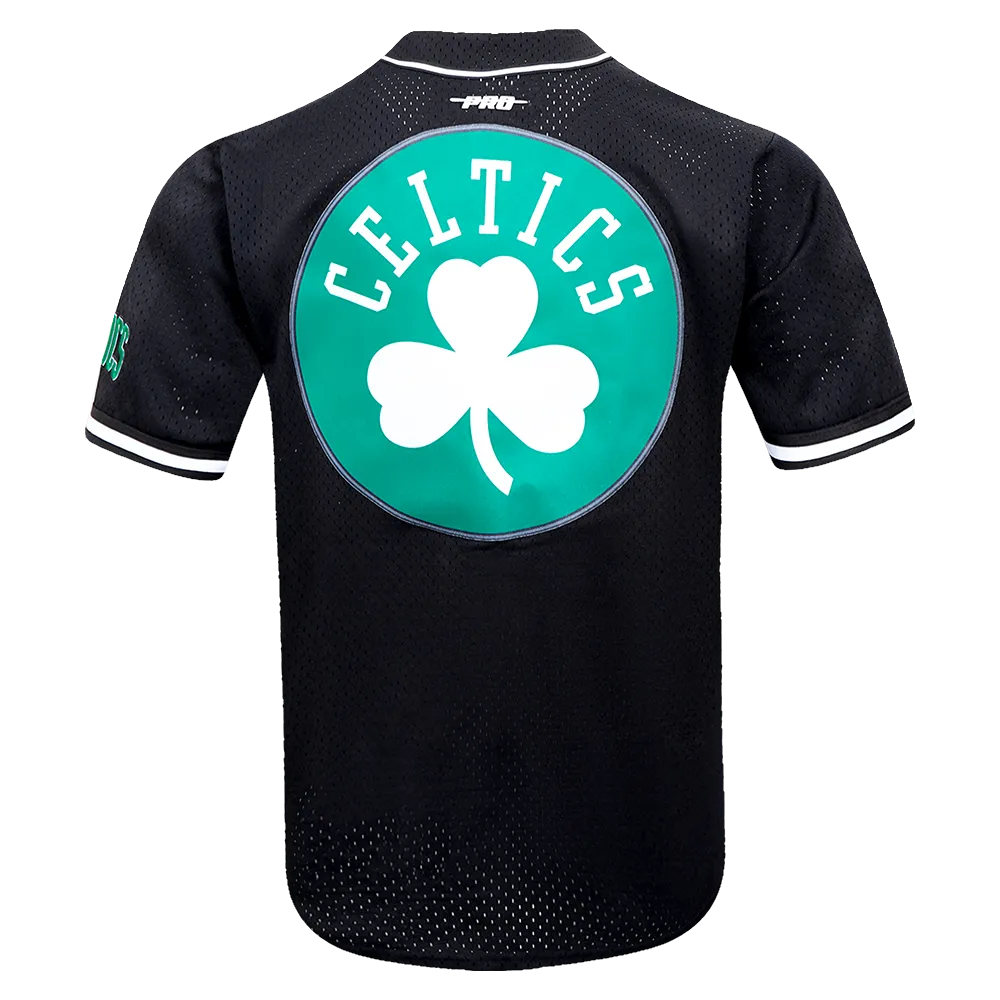 NBA BOSTON CELTICS SCRIPT TAIL MEN'S MESH BUTTON DOWN SHIRT (BLACK)
