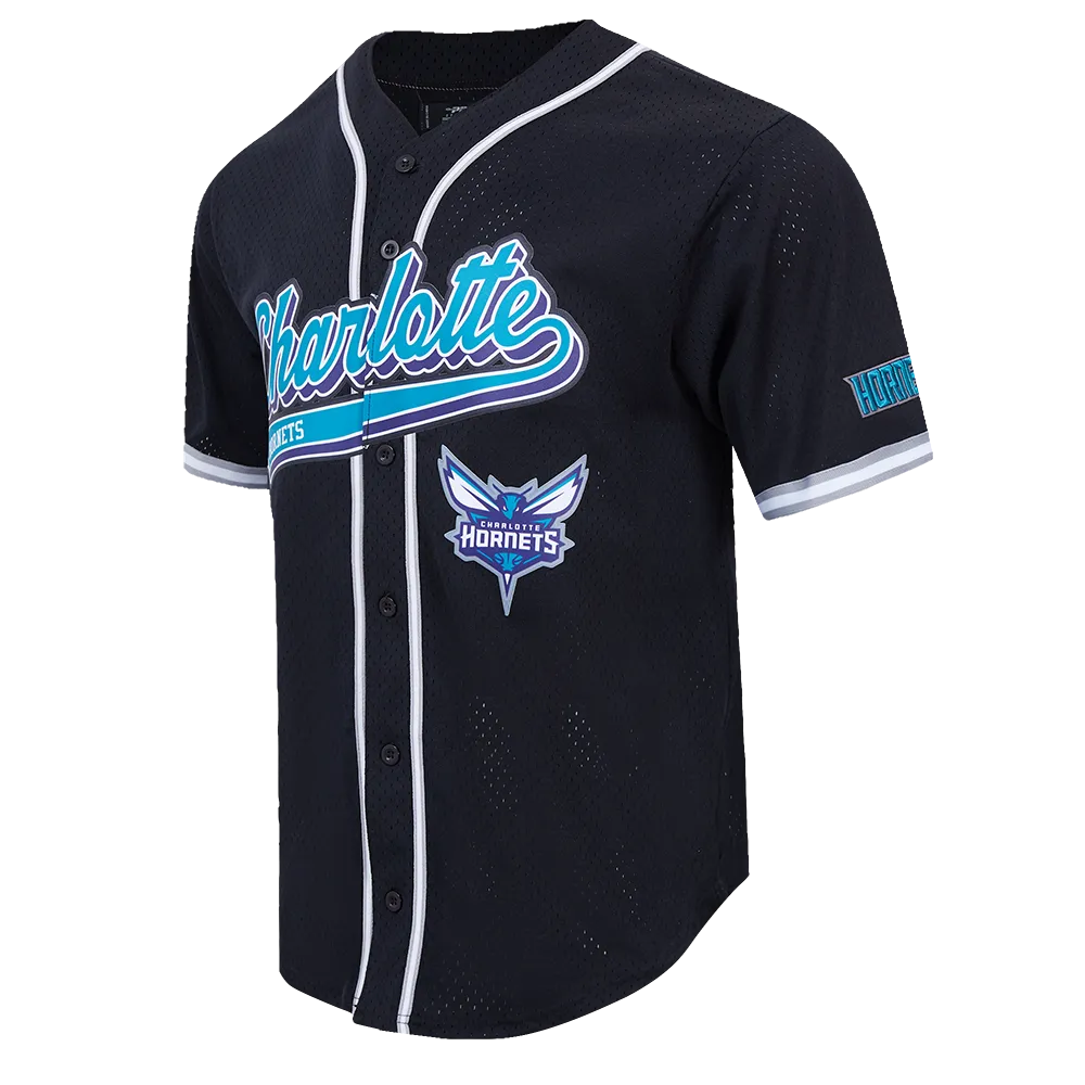 NBA CHARLOTTE HORNETS SCRIPT TAIL MEN'S MESH BUTTON DOWN SHIRT (BLACK/GRAY)