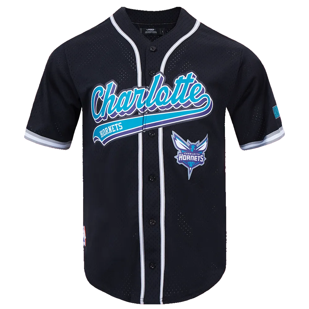NBA CHARLOTTE HORNETS SCRIPT TAIL MEN'S MESH BUTTON DOWN SHIRT (BLACK/GRAY)