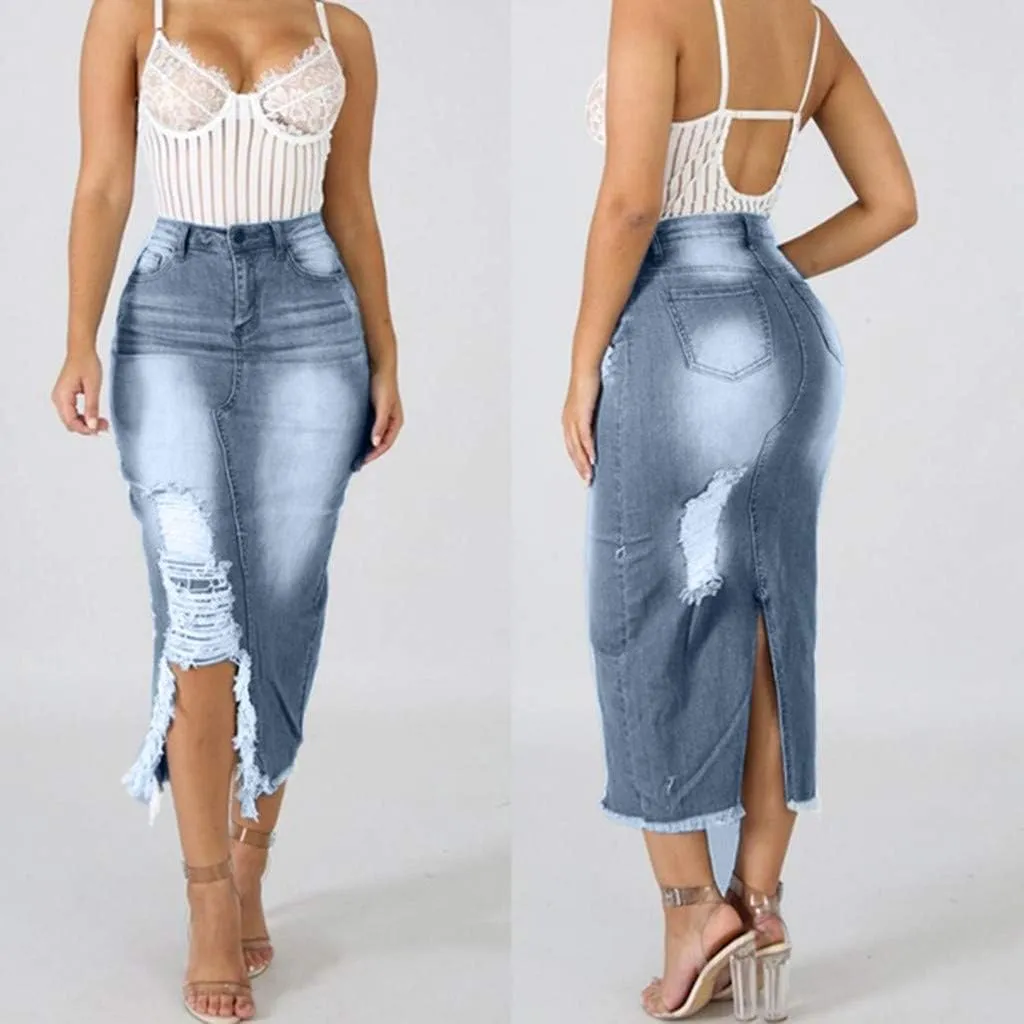 Pleated Tennis Skirts for Women Midi Skirts for Women High Waist Ripped Denim Skirt Destroyed Bodycon Street