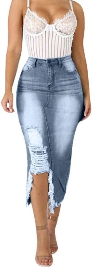 Pleated Tennis Skirts for Women Midi Skirts for Women High Waist Ripped Denim Skirt Destroyed Bodycon Street
