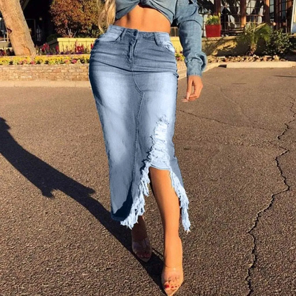 Pleated Tennis Skirts for Women Midi Skirts for Women High Waist Ripped Denim Skirt Destroyed Bodycon Street