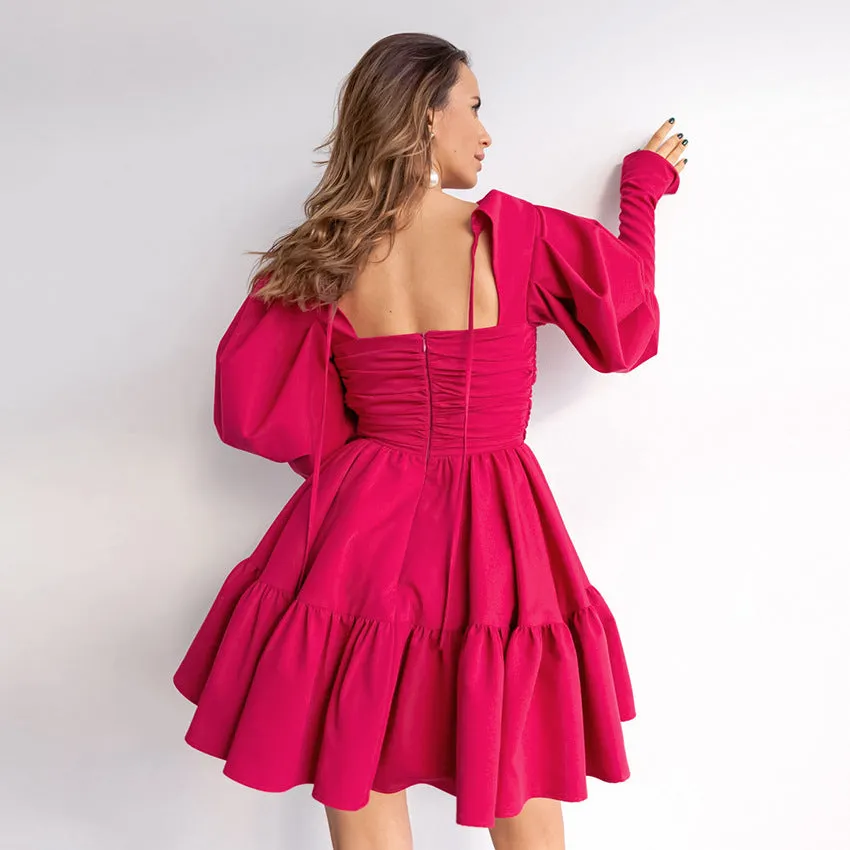 Puff Party Niche Puff Sleeve Stylish Pleated Solid Color Dress Wholesale Dresses