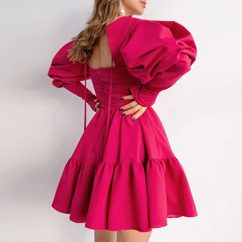 Puff Party Niche Puff Sleeve Stylish Pleated Solid Color Dress Wholesale Dresses