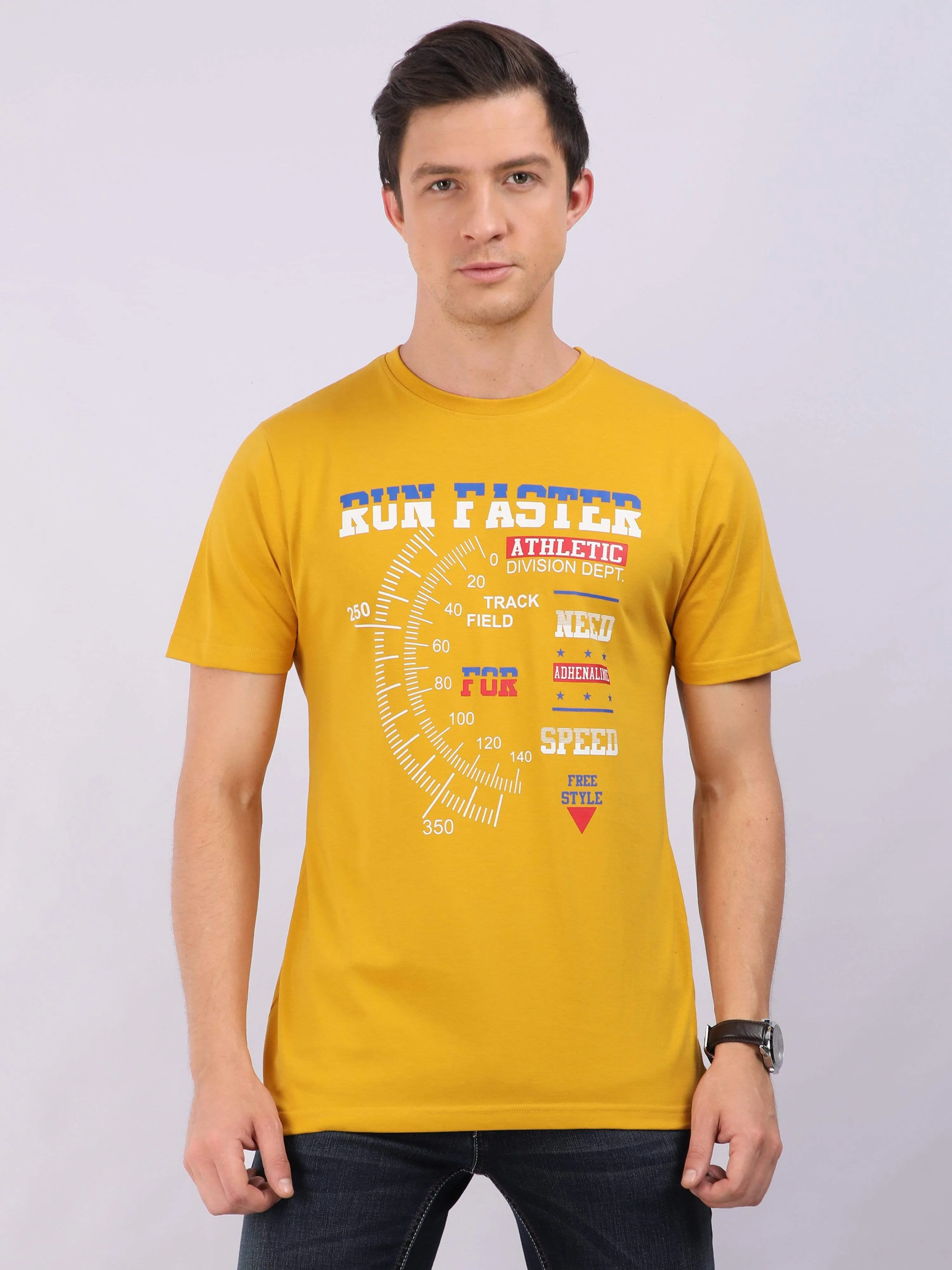 REDpockets Round Neck Yellow Cotton Printed T-Shirt For Men