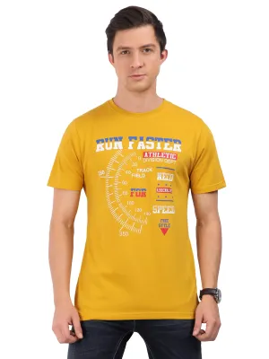 REDpockets Round Neck Yellow Cotton Printed T-Shirt For Men