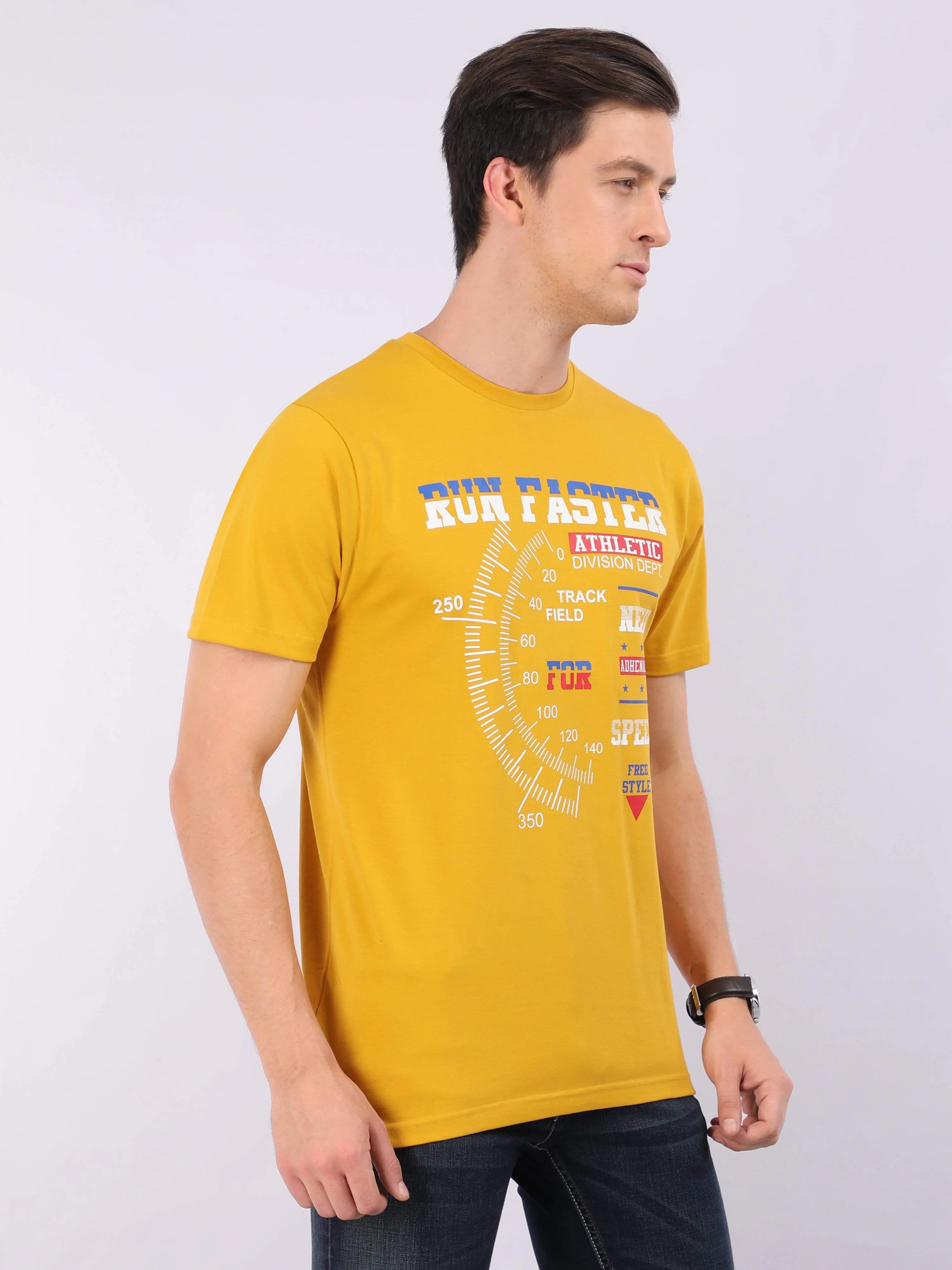 REDpockets Round Neck Yellow Cotton Printed T-Shirt For Men