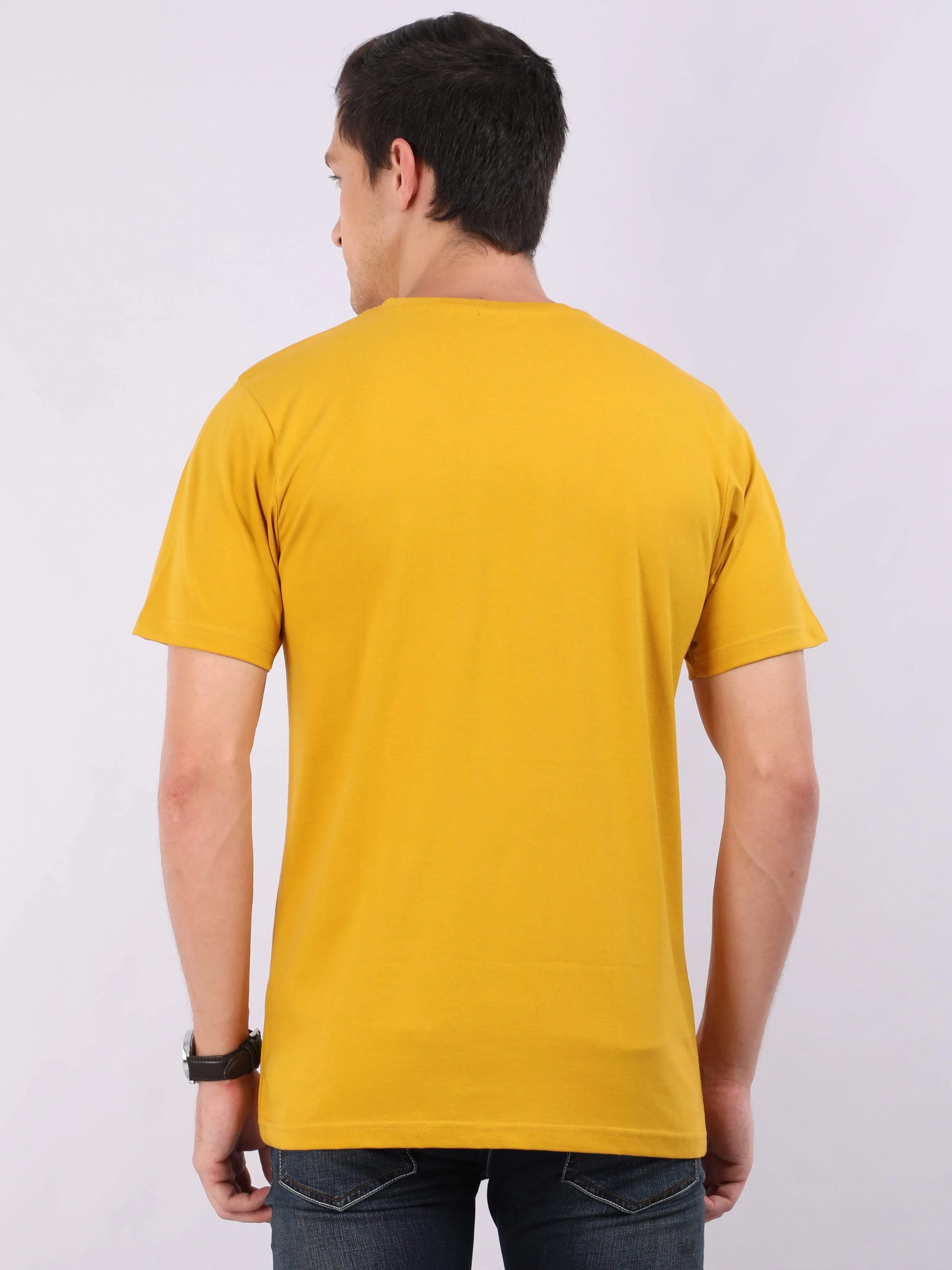 REDpockets Round Neck Yellow Cotton Printed T-Shirt For Men
