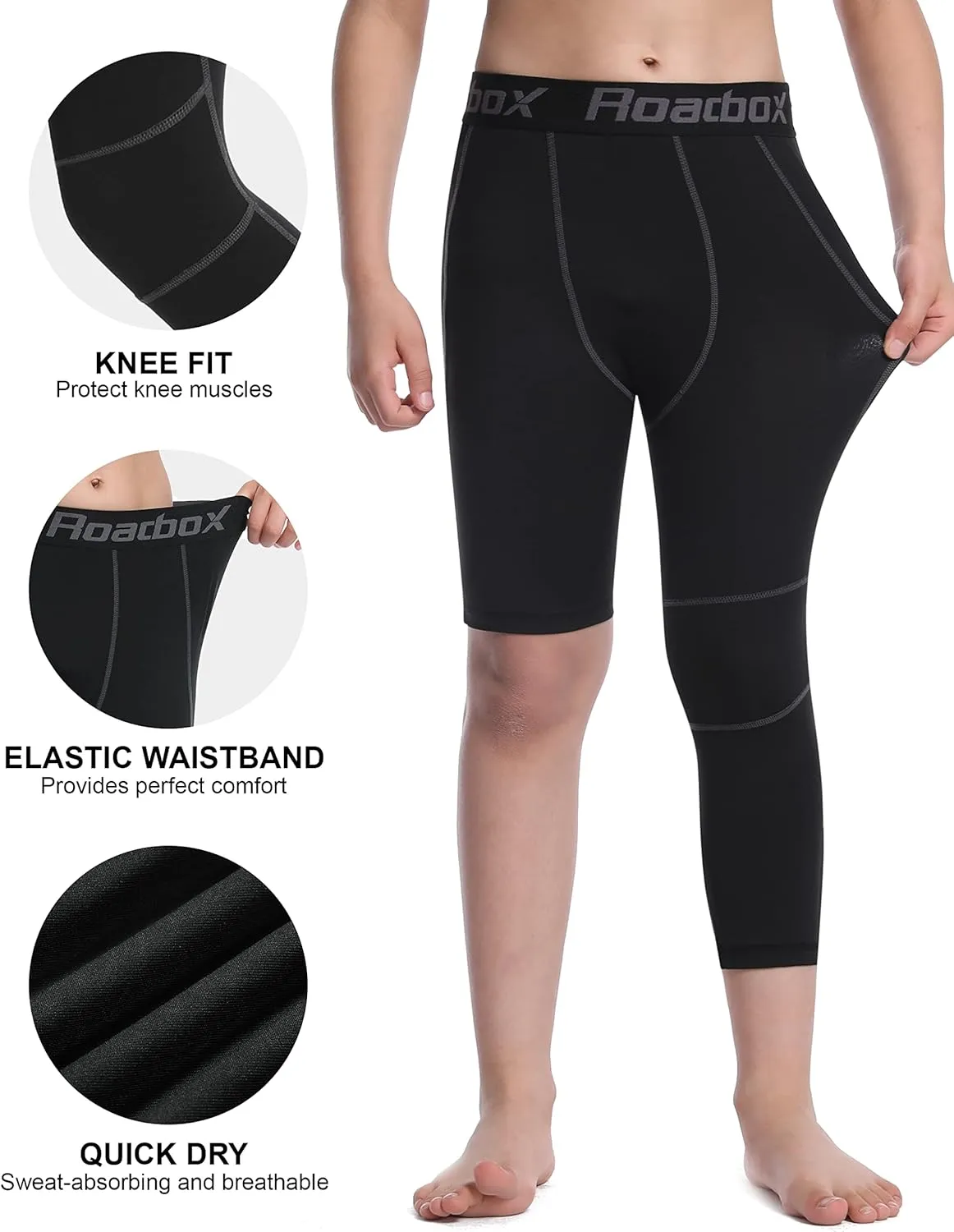 Roadbox Boys One Leg Compression Pants, 2Pack 3/4 Athletic Basketball Leggings, Youth Sports Baselayer Tights