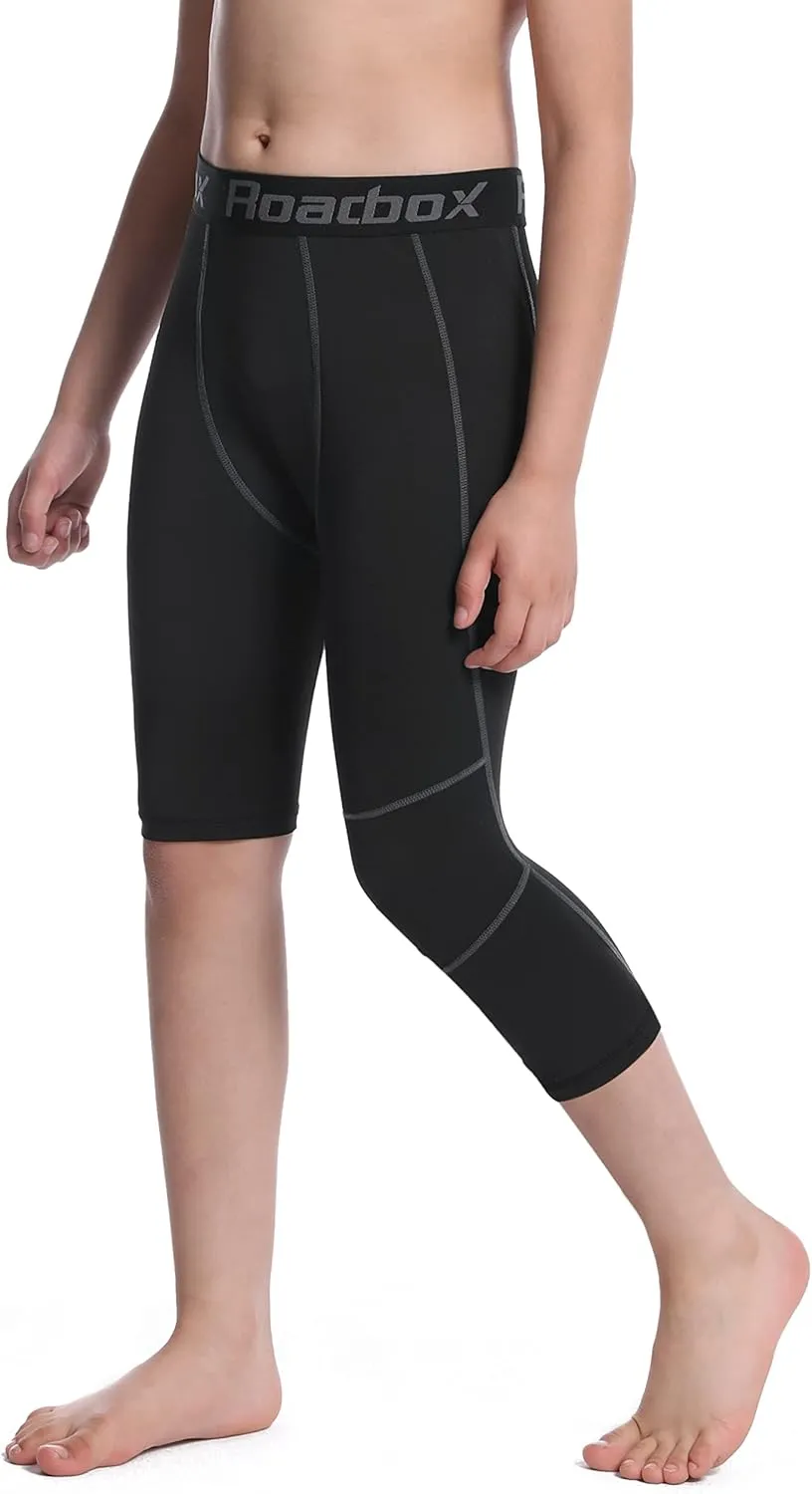 Roadbox Boys One Leg Compression Pants, 2Pack 3/4 Athletic Basketball Leggings, Youth Sports Baselayer Tights
