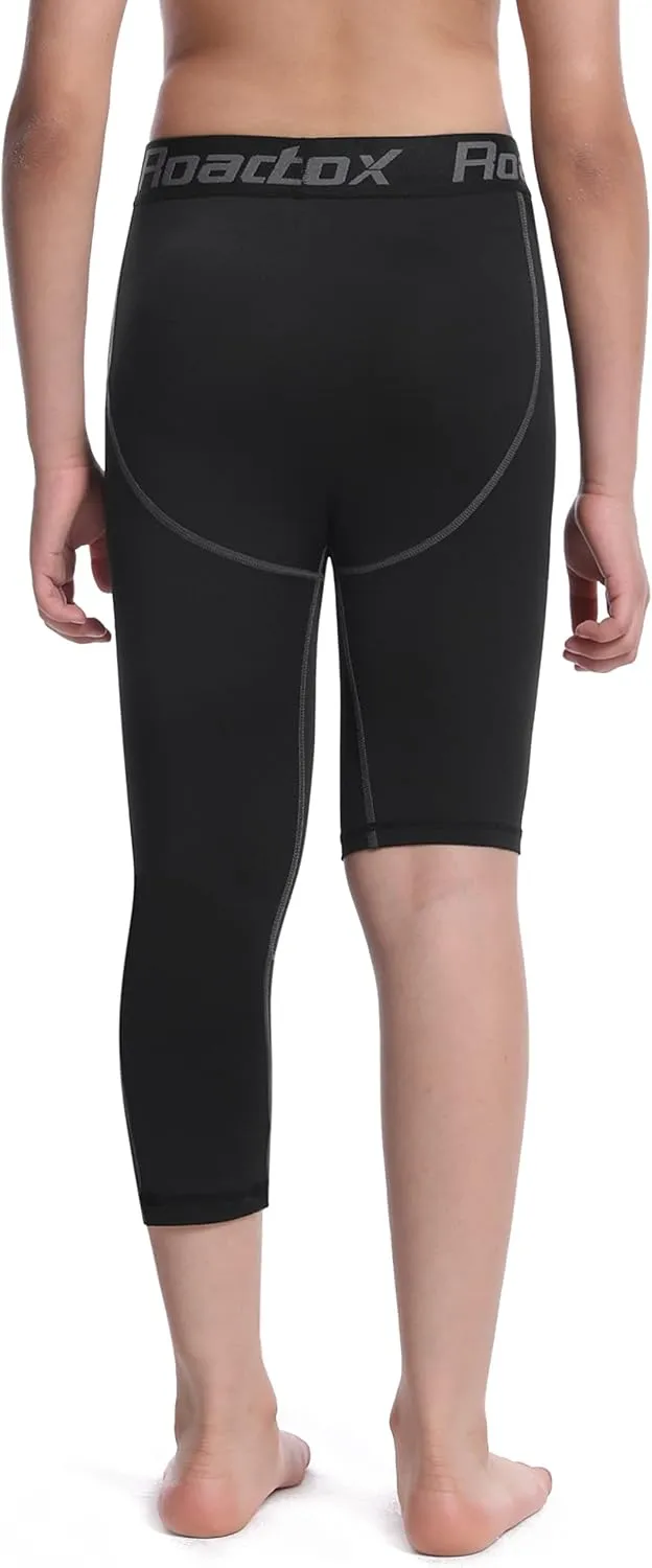 Roadbox Boys One Leg Compression Pants, 2Pack 3/4 Athletic Basketball Leggings, Youth Sports Baselayer Tights