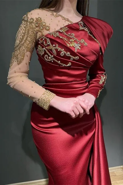 Ruby Asymmetrical Long Sleeves Mermaid Stretch Satin Prom Dress with Ruffles