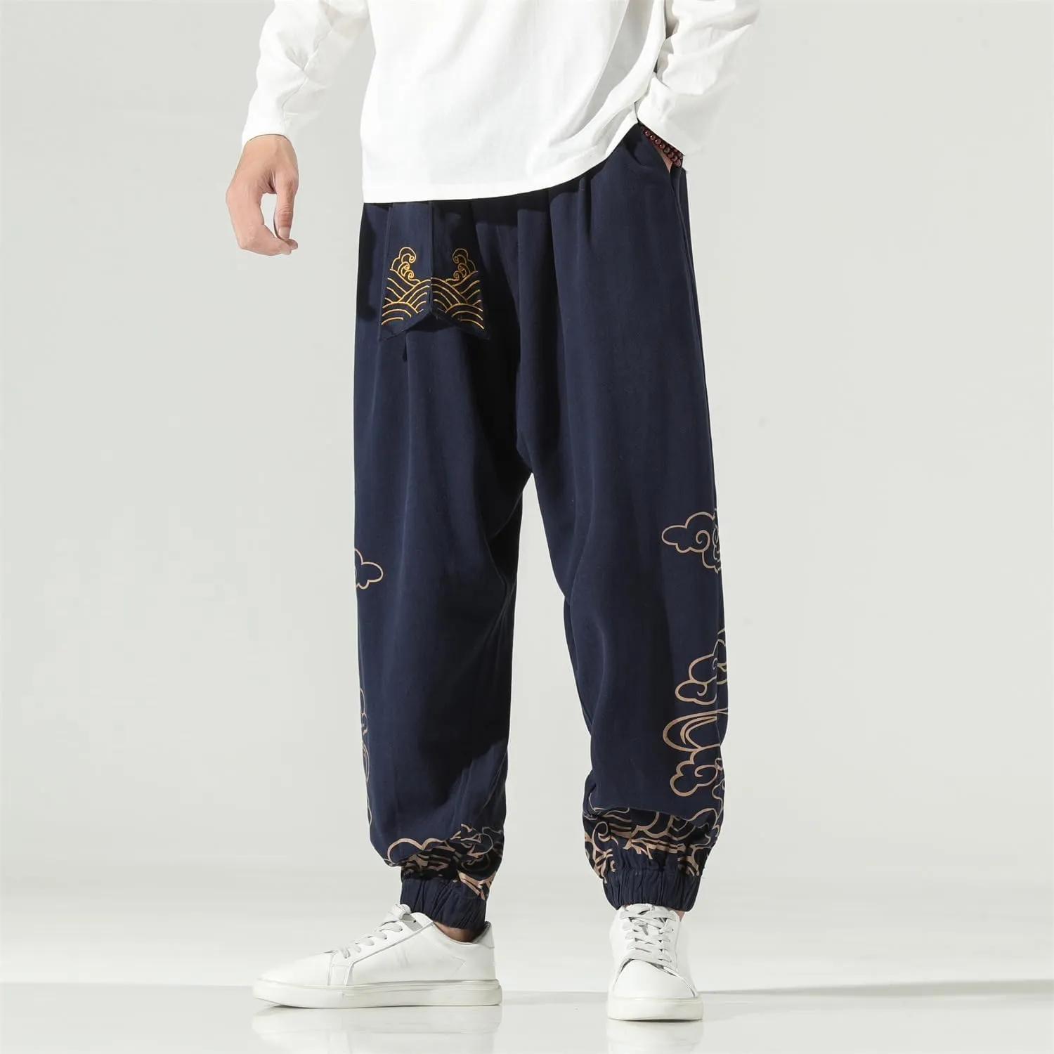 Seidarise Men's Linen Pant Japanese Hip Hop Sweatpants Harem Pants Sports Harem Baggy Wide Leg Cotton