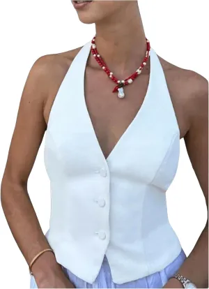 SHENHE Women's Backless Halter Crop Vest Button Up V Neck Dressy Going Out Suit Vest Top