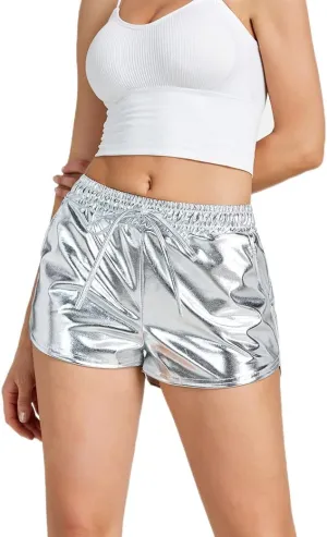 Shiny Metallic Sexy Shorts Women High Waist Reflective Pants Sparkly Outfit Elastic Waist Rave Dance Party