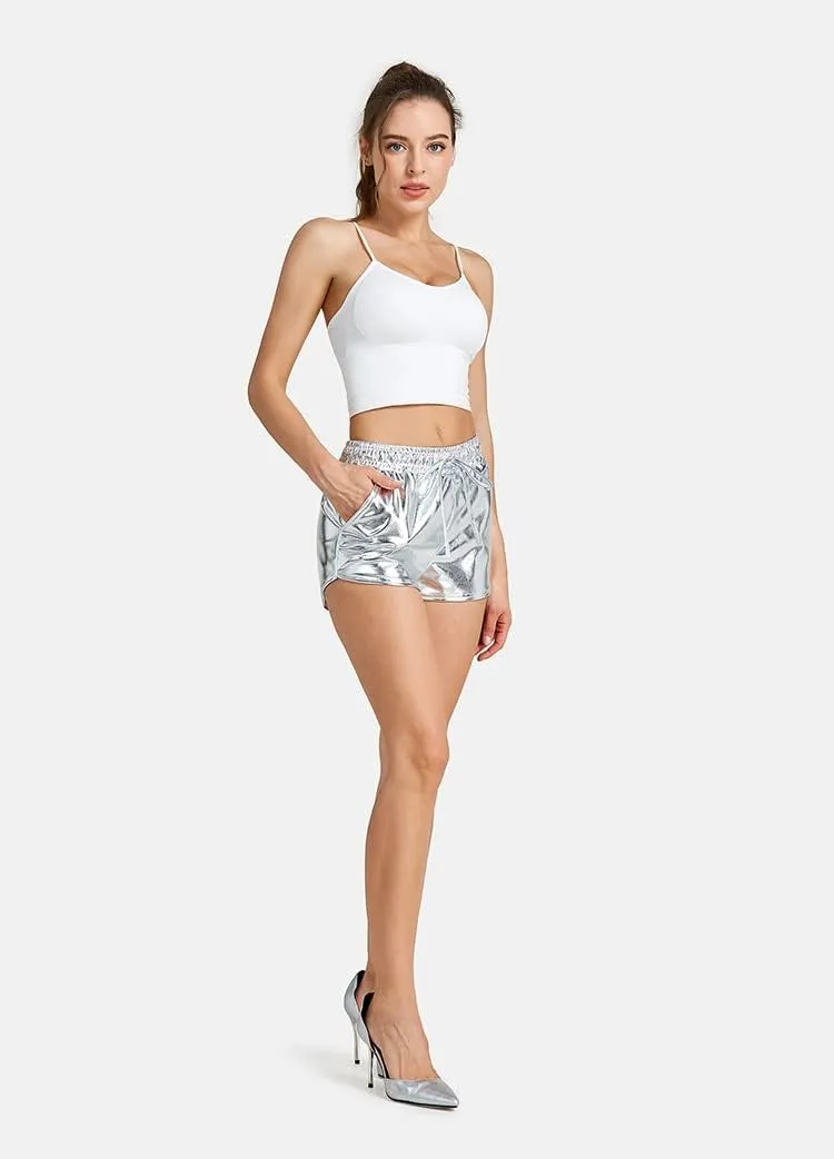 Shiny Metallic Sexy Shorts Women High Waist Reflective Pants Sparkly Outfit Elastic Waist Rave Dance Party