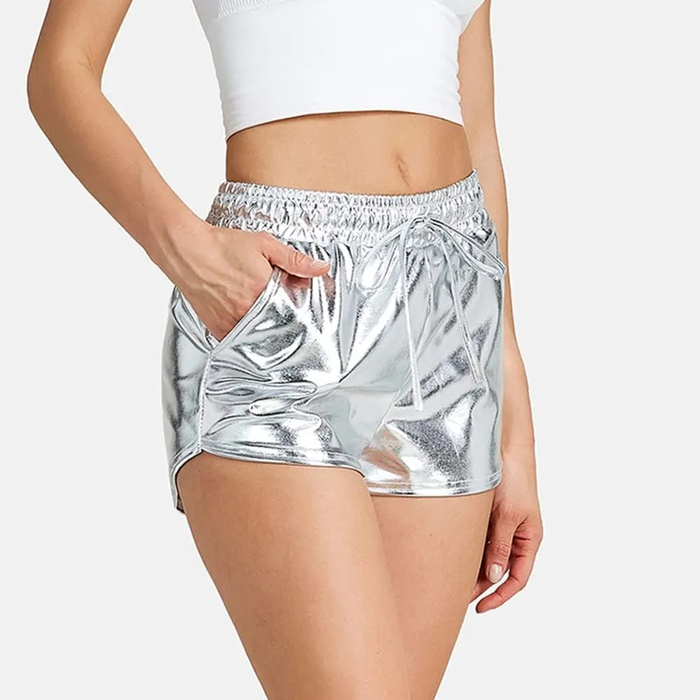 Shiny Metallic Sexy Shorts Women High Waist Reflective Pants Sparkly Outfit Elastic Waist Rave Dance Party