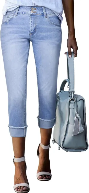 Sidefeel Women's Capri Jeans High Waisted Stretchy Roll-up Skinny Cuffed Cropped Zimbaplatinum Summer Denim Pants