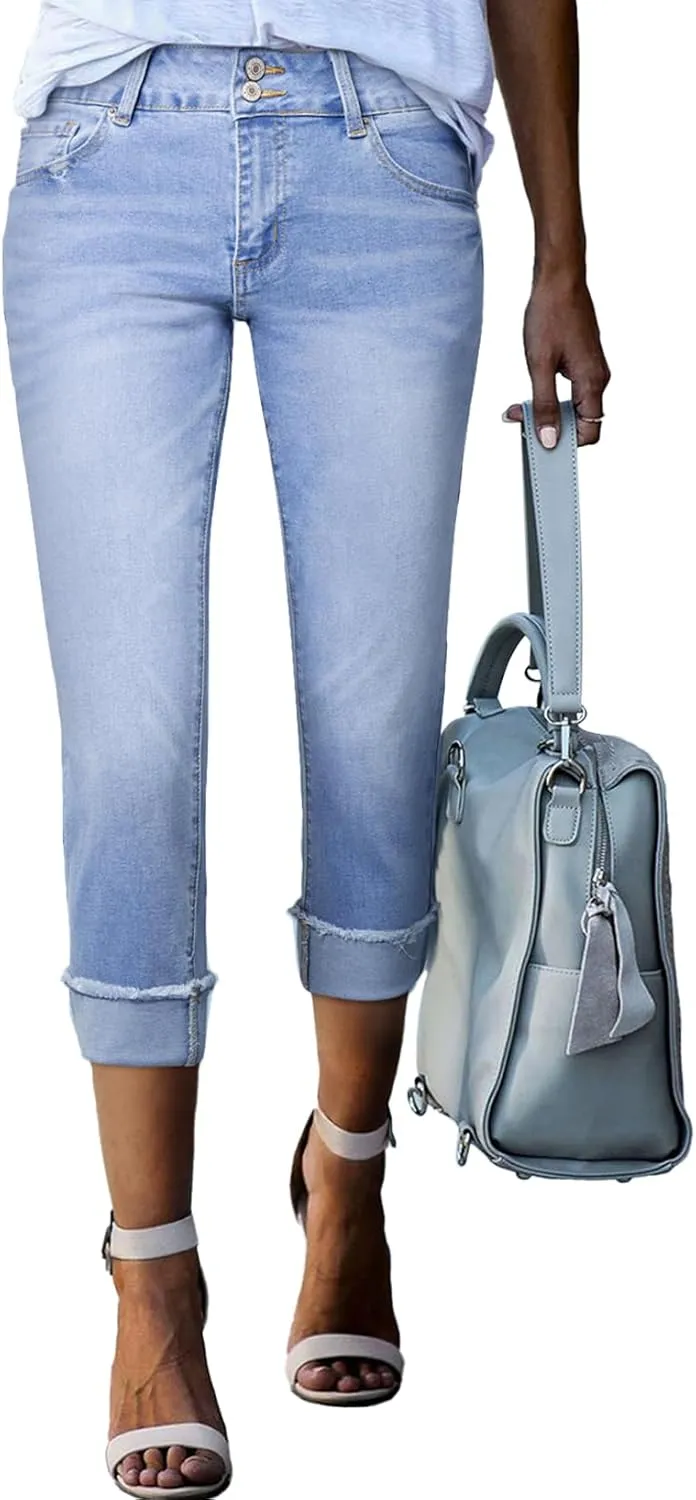 Sidefeel Women's Capri Jeans High Waisted Stretchy Roll-up Skinny Cuffed Cropped Zimbaplatinum Summer Denim Pants