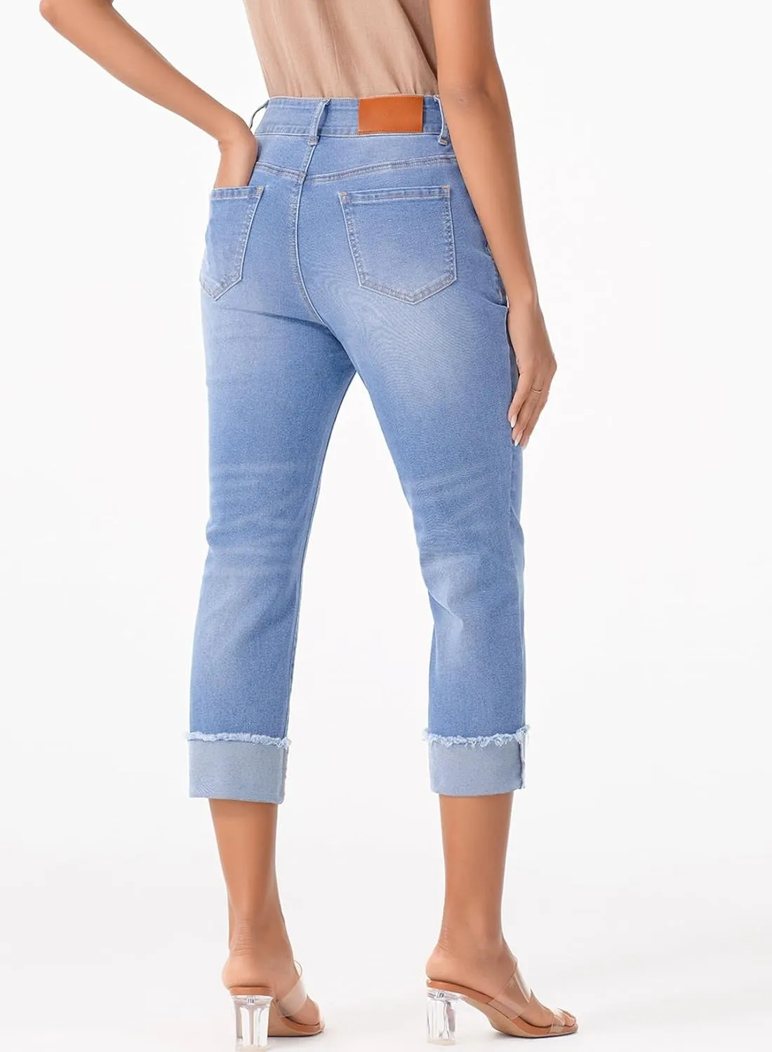 Sidefeel Women's Capri Jeans High Waisted Stretchy Roll-up Skinny Cuffed Cropped Zimbaplatinum Summer Denim Pants