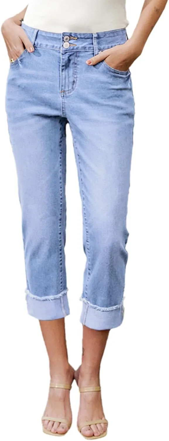 Sidefeel Women's Capri Jeans High Waisted Stretchy Roll-up Skinny Cuffed Cropped Zimbaplatinum Summer Denim Pants