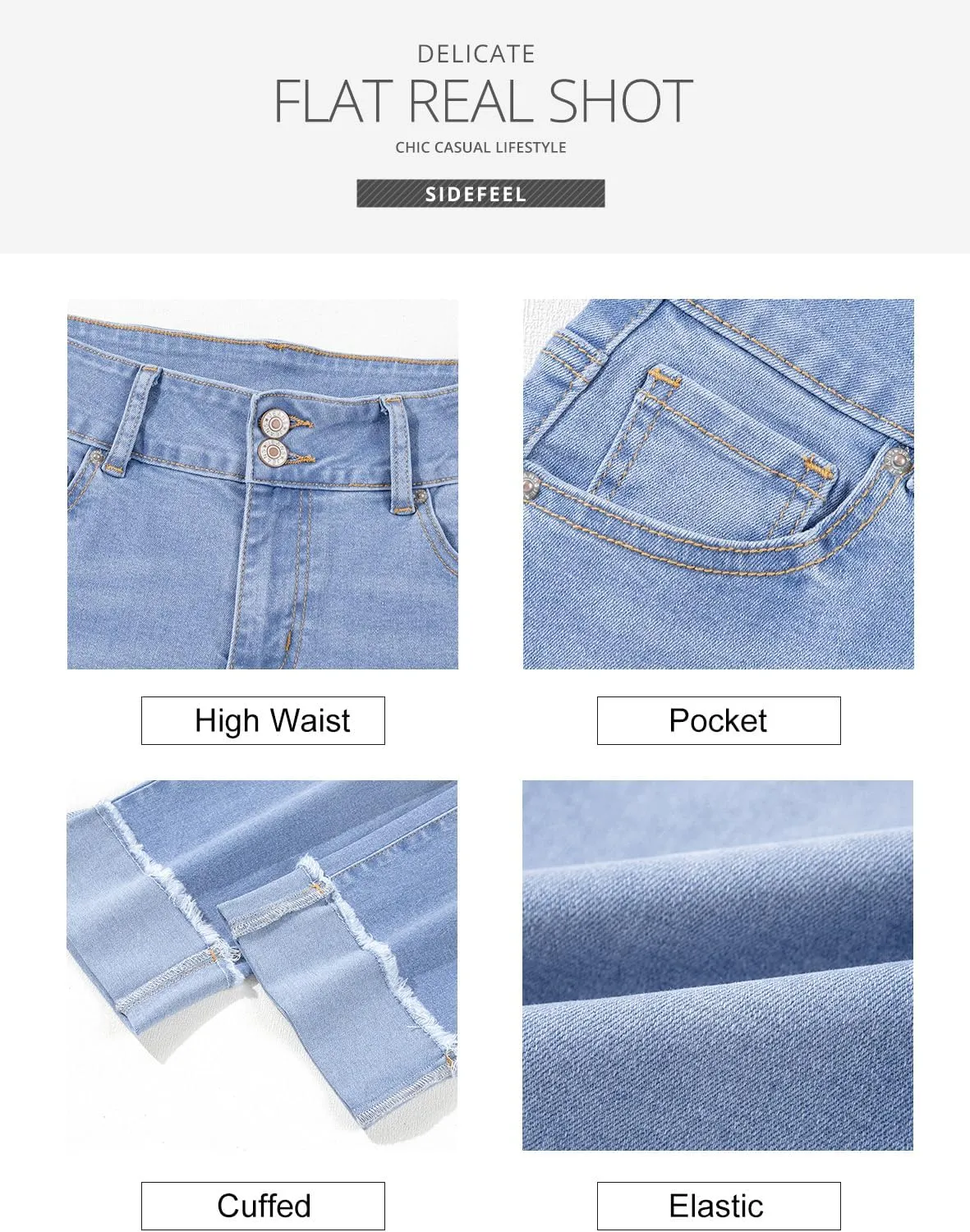 Sidefeel Women's Capri Jeans High Waisted Stretchy Roll-up Skinny Cuffed Cropped Zimbaplatinum Summer Denim Pants