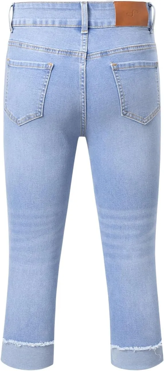Sidefeel Women's Capri Jeans High Waisted Stretchy Roll-up Skinny Cuffed Cropped Zimbaplatinum Summer Denim Pants