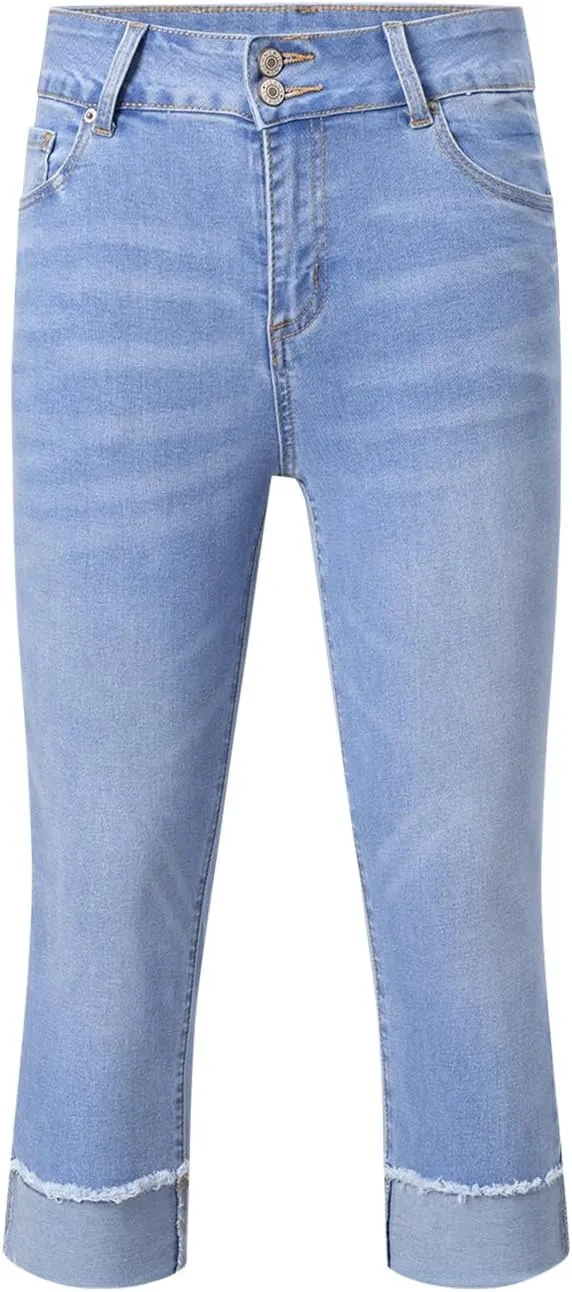 Sidefeel Women's Capri Jeans High Waisted Stretchy Roll-up Skinny Cuffed Cropped Zimbaplatinum Summer Denim Pants
