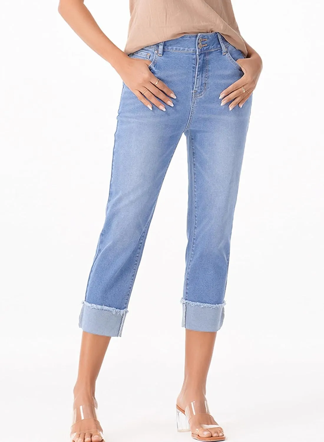 Sidefeel Women's Capri Jeans High Waisted Stretchy Roll-up Skinny Cuffed Cropped Zimbaplatinum Summer Denim Pants