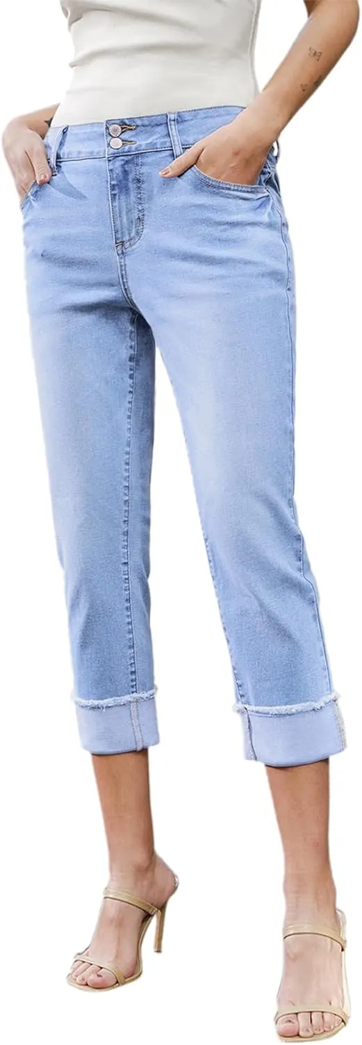 Sidefeel Women's Capri Jeans High Waisted Stretchy Roll-up Skinny Cuffed Cropped Zimbaplatinum Summer Denim Pants