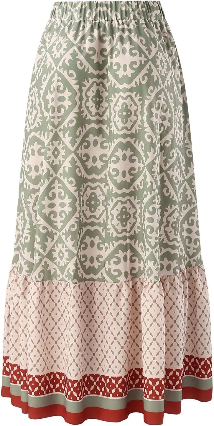 Skirts for Women Boho Elastic Waist Floral Pleated Skirt Midi Swing Skirt with Pockets Business A-Line Skirts