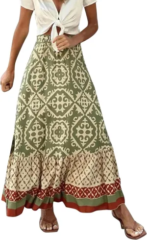 Skirts for Women Boho Elastic Waist Floral Pleated Skirt Midi Swing Skirt with Pockets Business A-Line Skirts