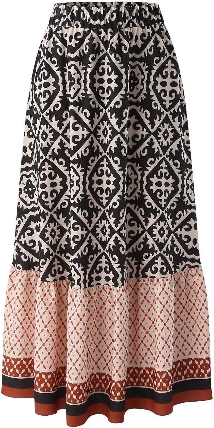 Skirts for Women Boho Elastic Waist Floral Pleated Skirt Midi Swing Skirt with Pockets Business A-Line Skirts