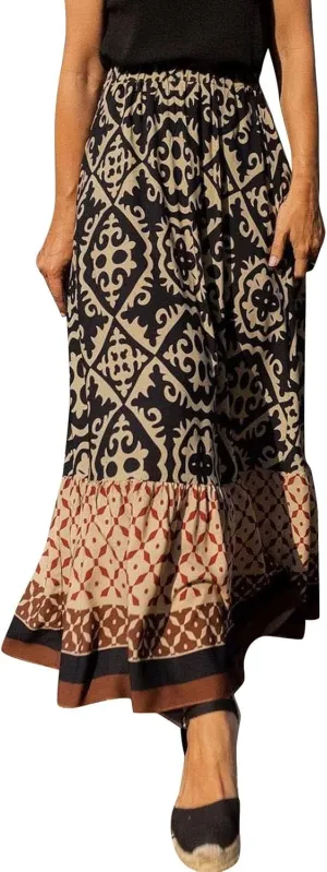 Skirts for Women Boho Elastic Waist Floral Pleated Skirt Midi Swing Skirt with Pockets Business A-Line Skirts